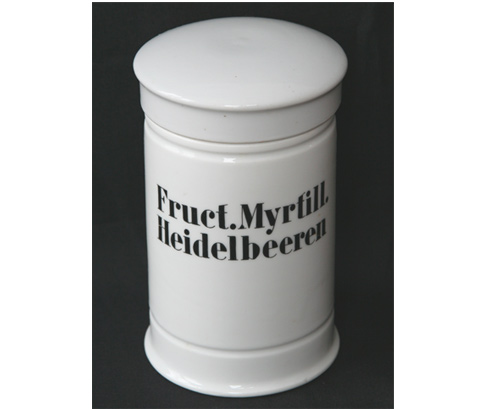 Apothekengefäß "Fruct. Myrtill. Heidelbeeren", Porzellan, mittelgroß, 20. Jahrhundert
