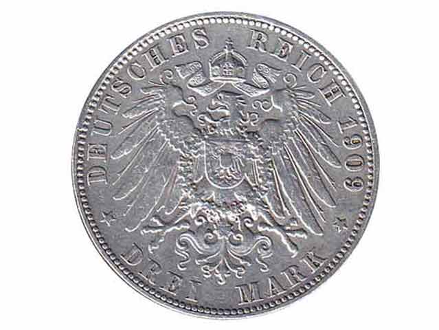Münze Freie und Hansestadt Hamburg. Deutsches Reich 1909. Drei Mark. Silber. Rückseite