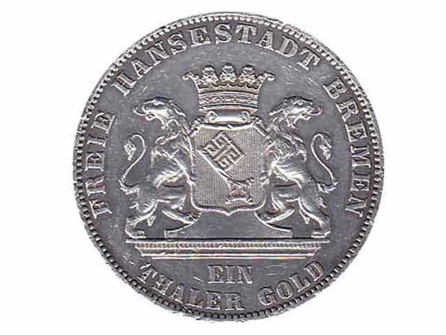 Münze der Freien Hansestadt Bremen. 1865. Ein Thaler Gold. Rückseite mit Aufschrift Zweites Deutsches Bundesschiessen in Bremen 1865. Silber