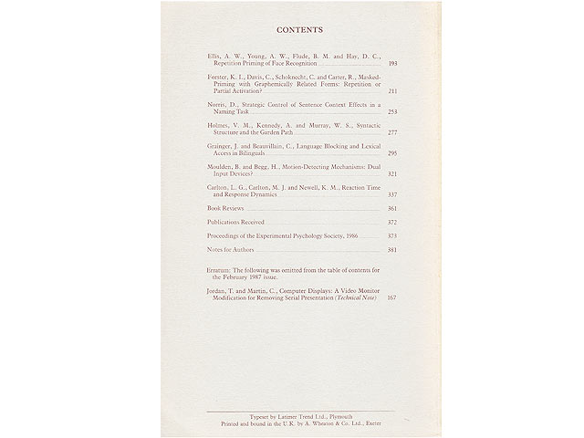 Quarterly Journal of Experimental Psychology. Contents. Vol. 39A Number 2. May 1987