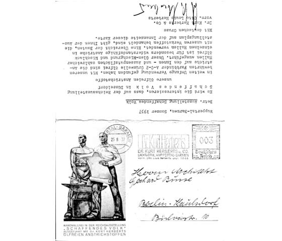 Historisches Dokument: Postkarte Lackfabrik Kurt Herberts, Wuppertal-Barmen mit Unterschrift von Dr. Kurt Herberts
