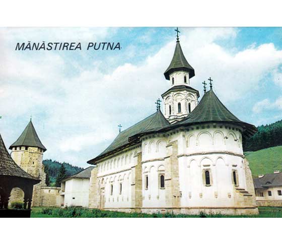 Kloster Putna. Klarsicht-Mappe mit 6 Diacolorbildern in Kunststoffrahmen. Text in Rumänisch, Englisch, Französisch und Deutsch