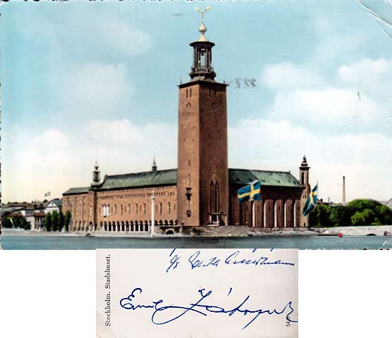 Bildpostkarte Stockholm Stadshuset. Echt gelaufen vom 20.07.1958. Signiert von Emil Zátopek