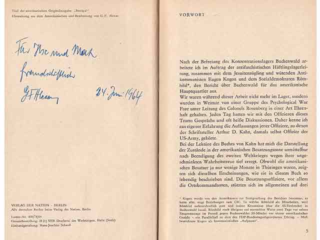 Offiziere, Kardinäle und Konzerne. Ein Amerikaner über Deutschland. Übersetzung aus dem Amerikanischen und Bearbeitung von G. F. Alexan. Von G. F. Alexan am 24. Juni 1964 signiert